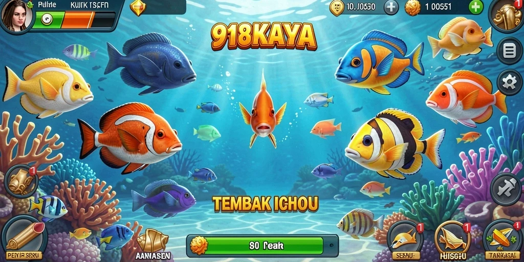 Gameplay seru dalam 918KAYA menembak ikan berwarna-warni.