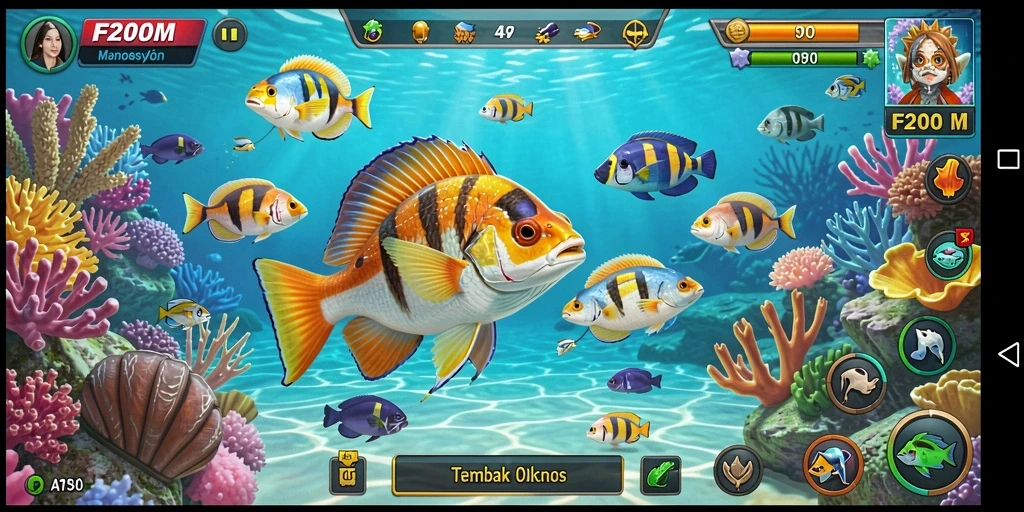 Screenshot F200M menampilkan aksi seru Tembak Ikan yang menegangkan.