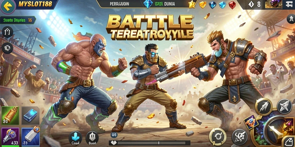 Screenshot MYSLOT188 menampilkan aksi pertarungan Battle Royale yang seru.