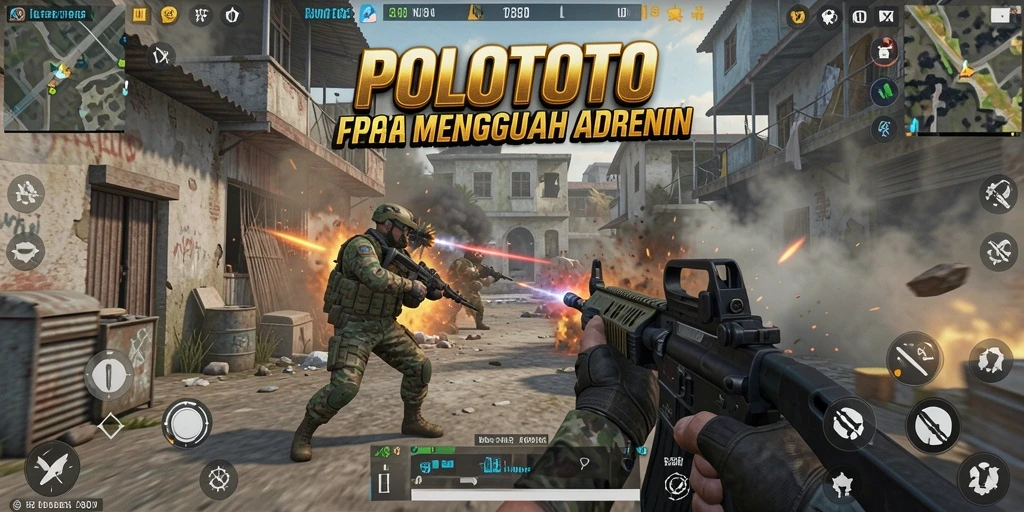 Tangkapan layar utama gameplay POLOTOTO menunjukkan aksi tembak-menembak yang intens.