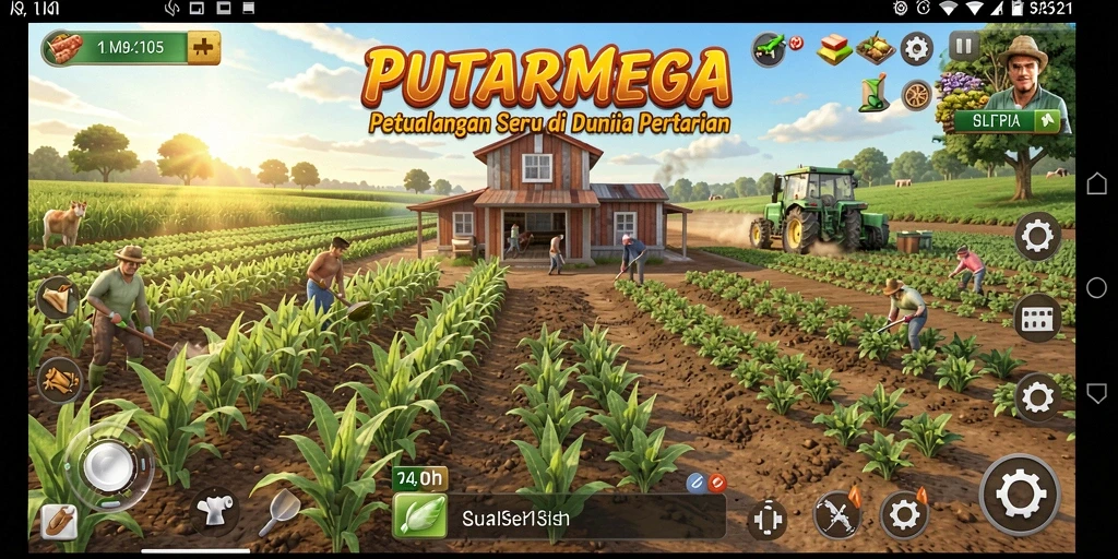 Screenshot gameplay PUTARMEGA menunjukkan aksi seru bertani di ladang.