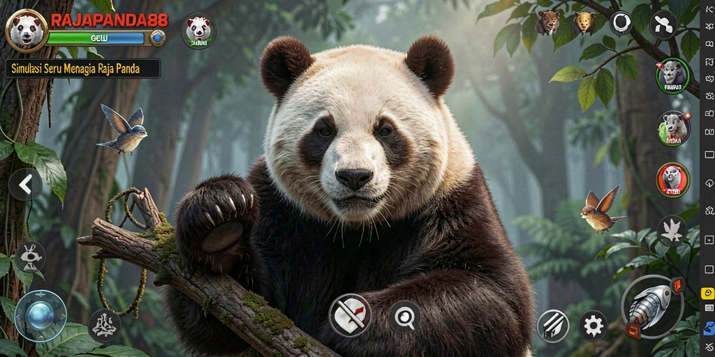 Tampilan gameplay seru dengan panda berinteraksi di hutan.