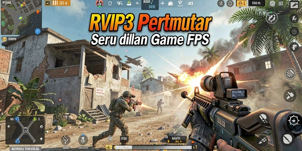 Screenshot gameplay RVIP3 menampilkan aksi pertempuran FPS yang epik.